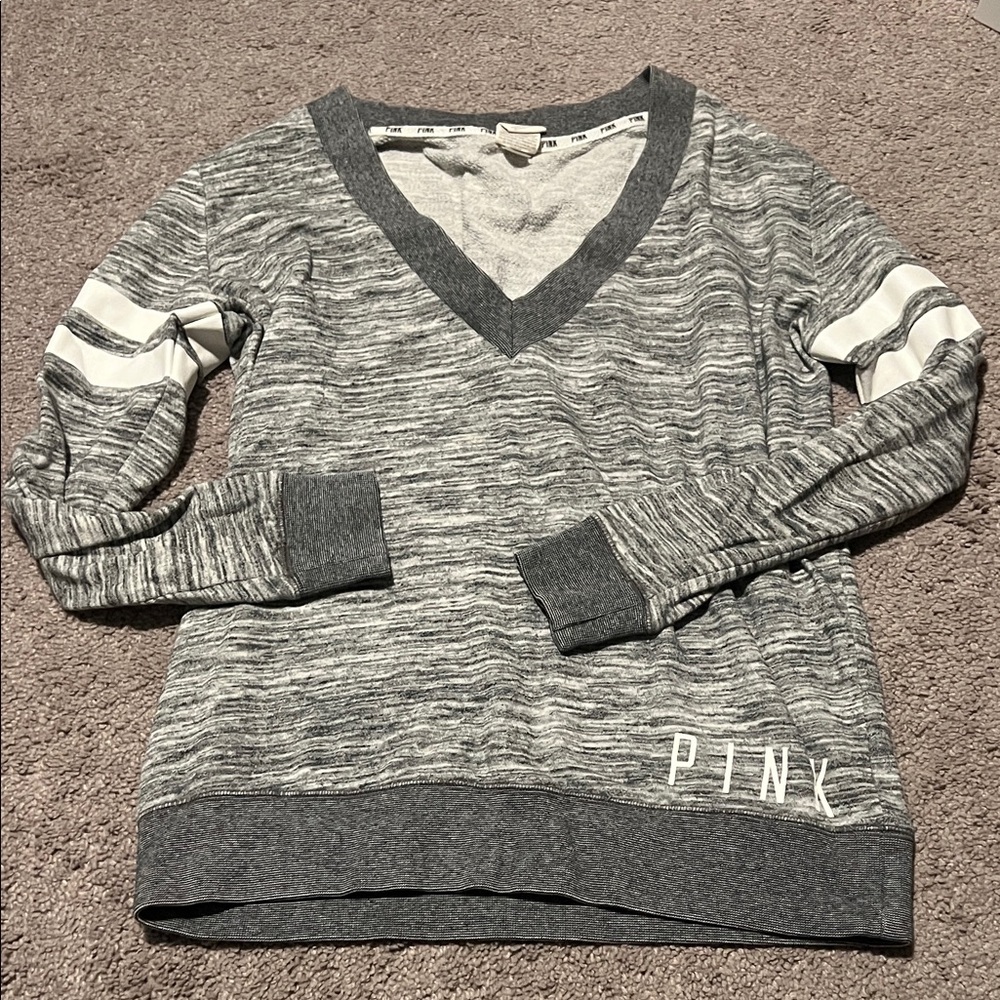 PINK Victoria's Secret Gray and White V-Neck Sweater